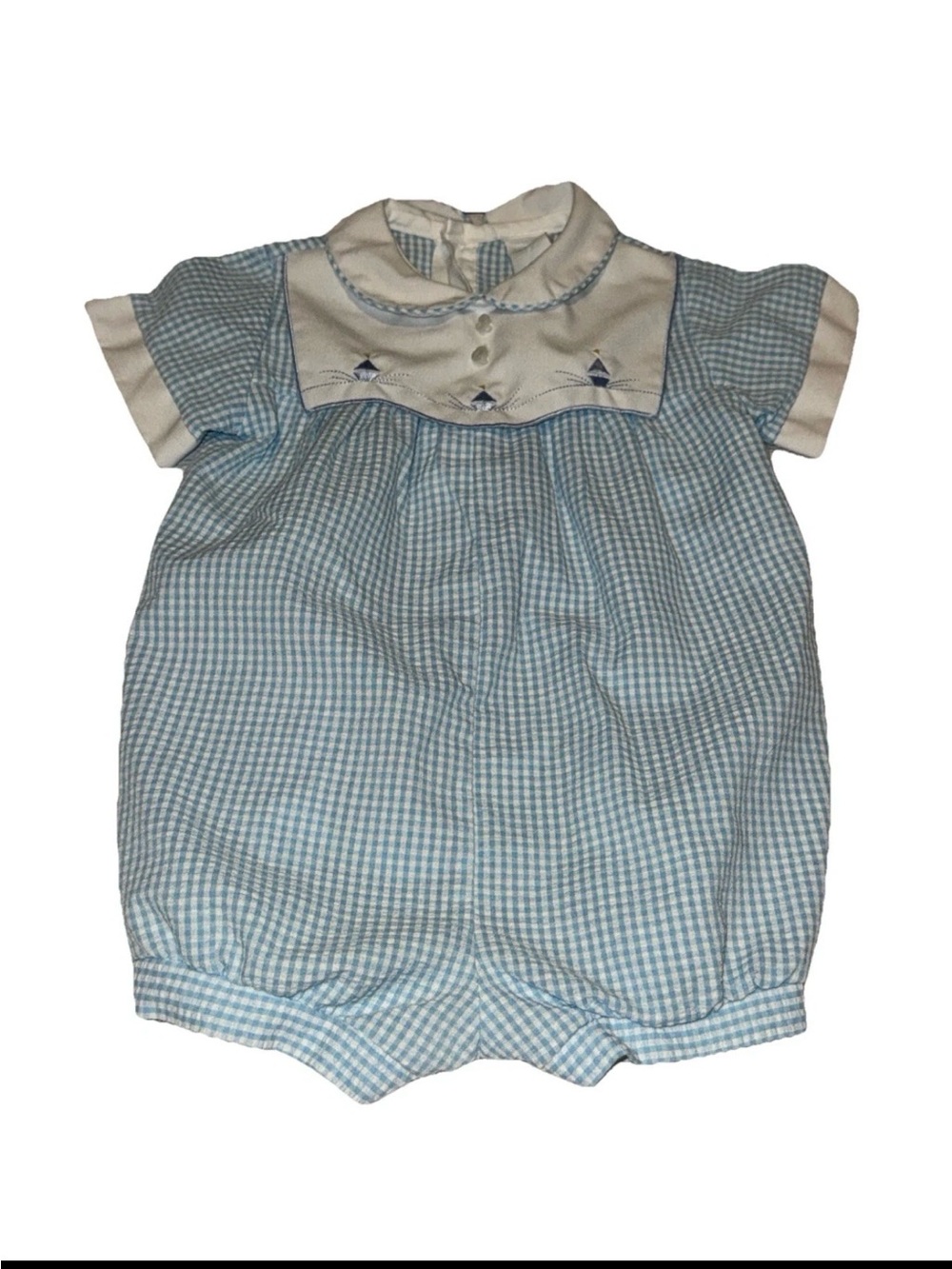 Vintage Alexis USA Baby Boy Blue Seersucker Sailboat Bubble Romper Size 6m